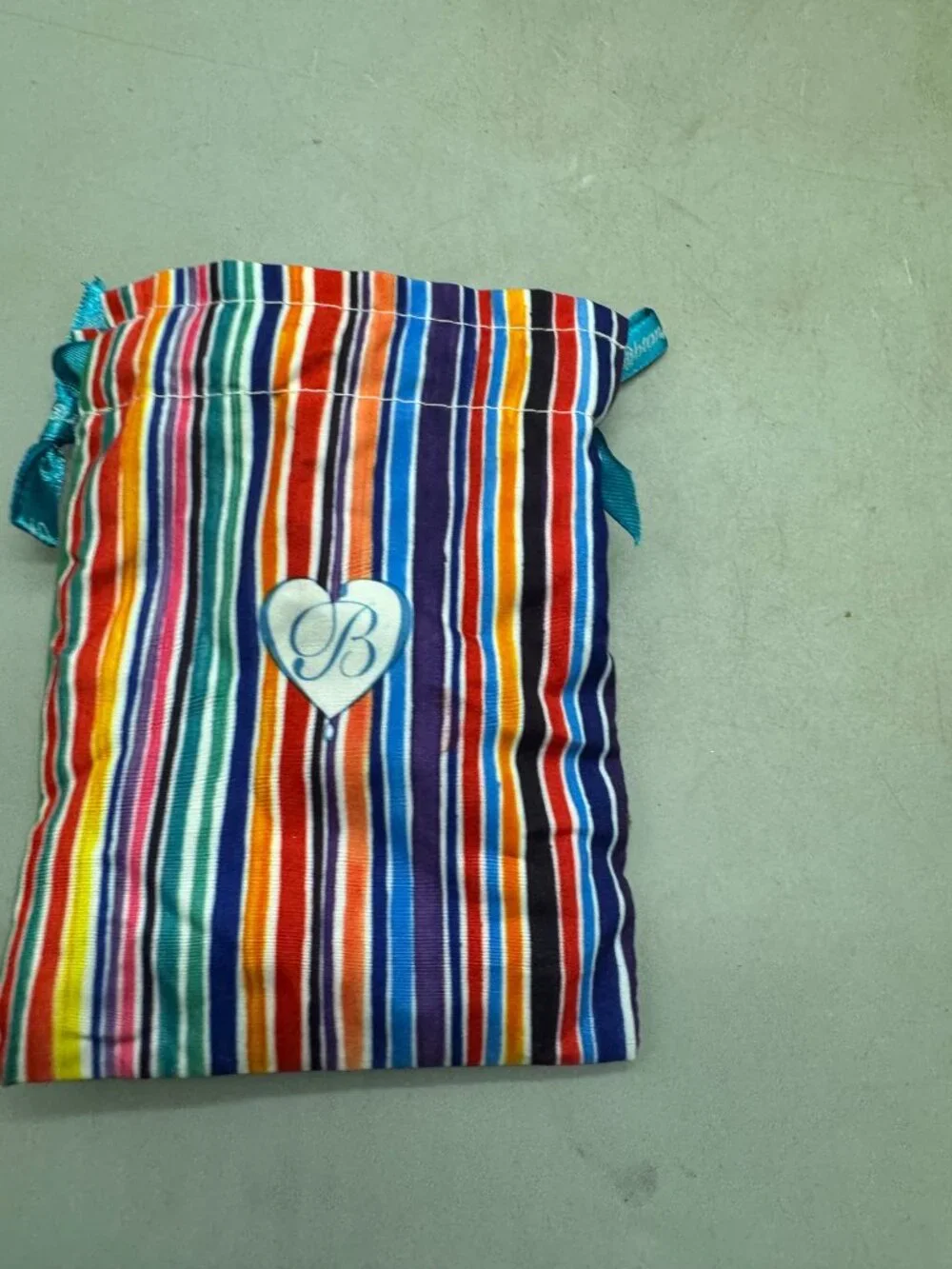 set of 2 Striped Multicolor Drawstring Bag With Blue Ribbon Closure 4.5x5.75